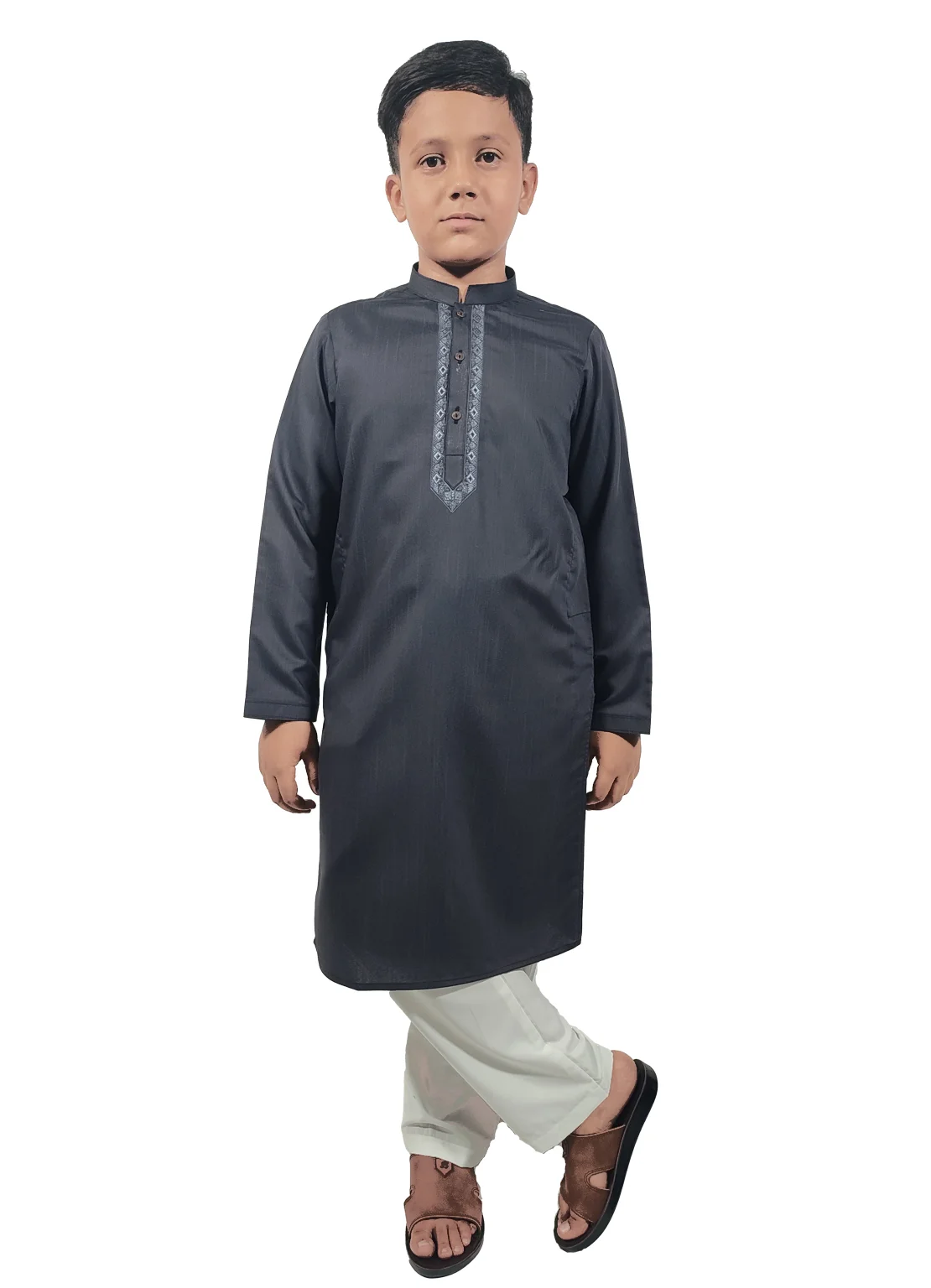 Boy wearing Rai Ahmed graphite grey kurta with embroidery and white trouser.